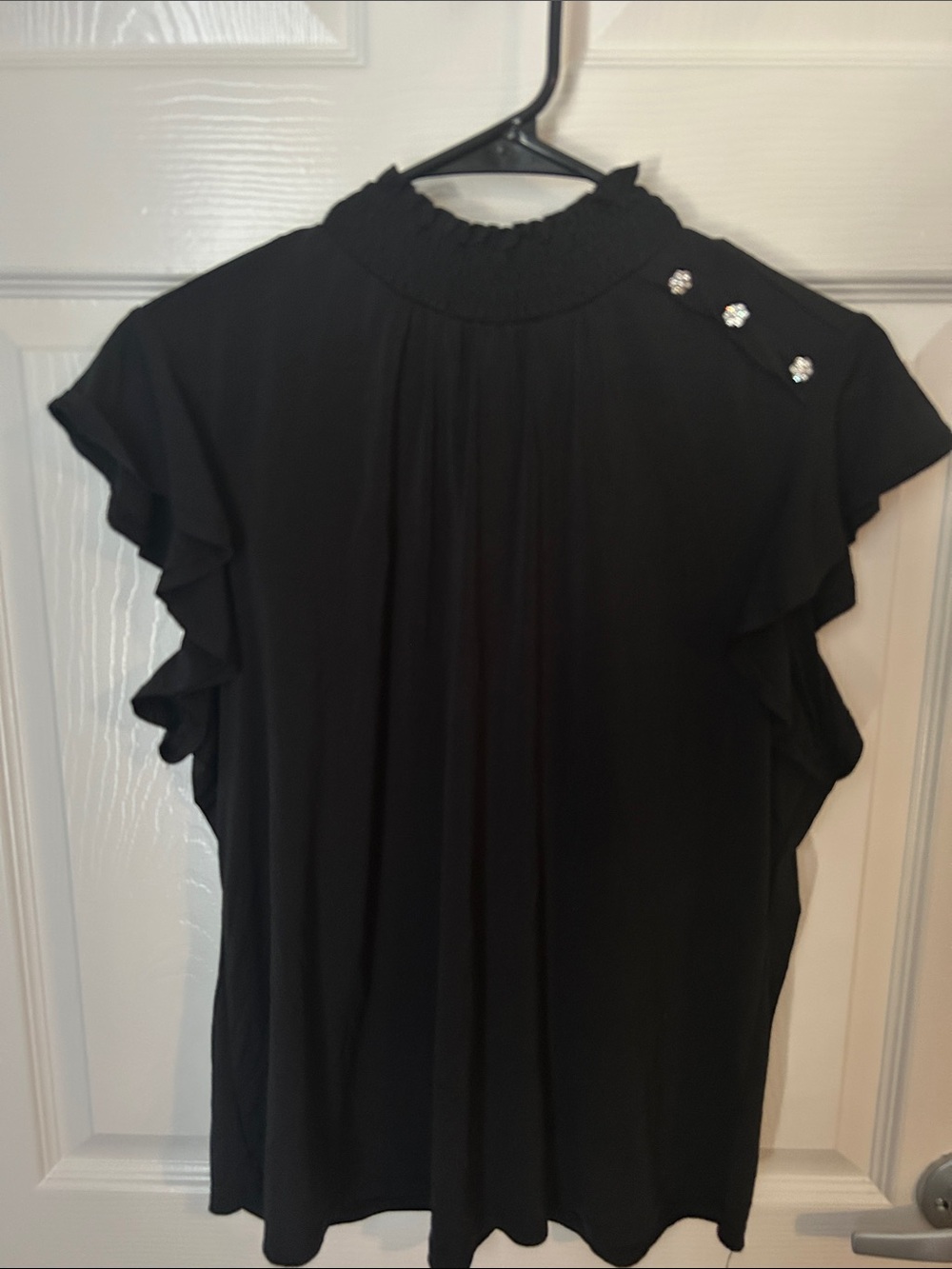 Adrienne Vittadini Black Ruffle Sleeve Mock Neck Top with Shoulder Buttons